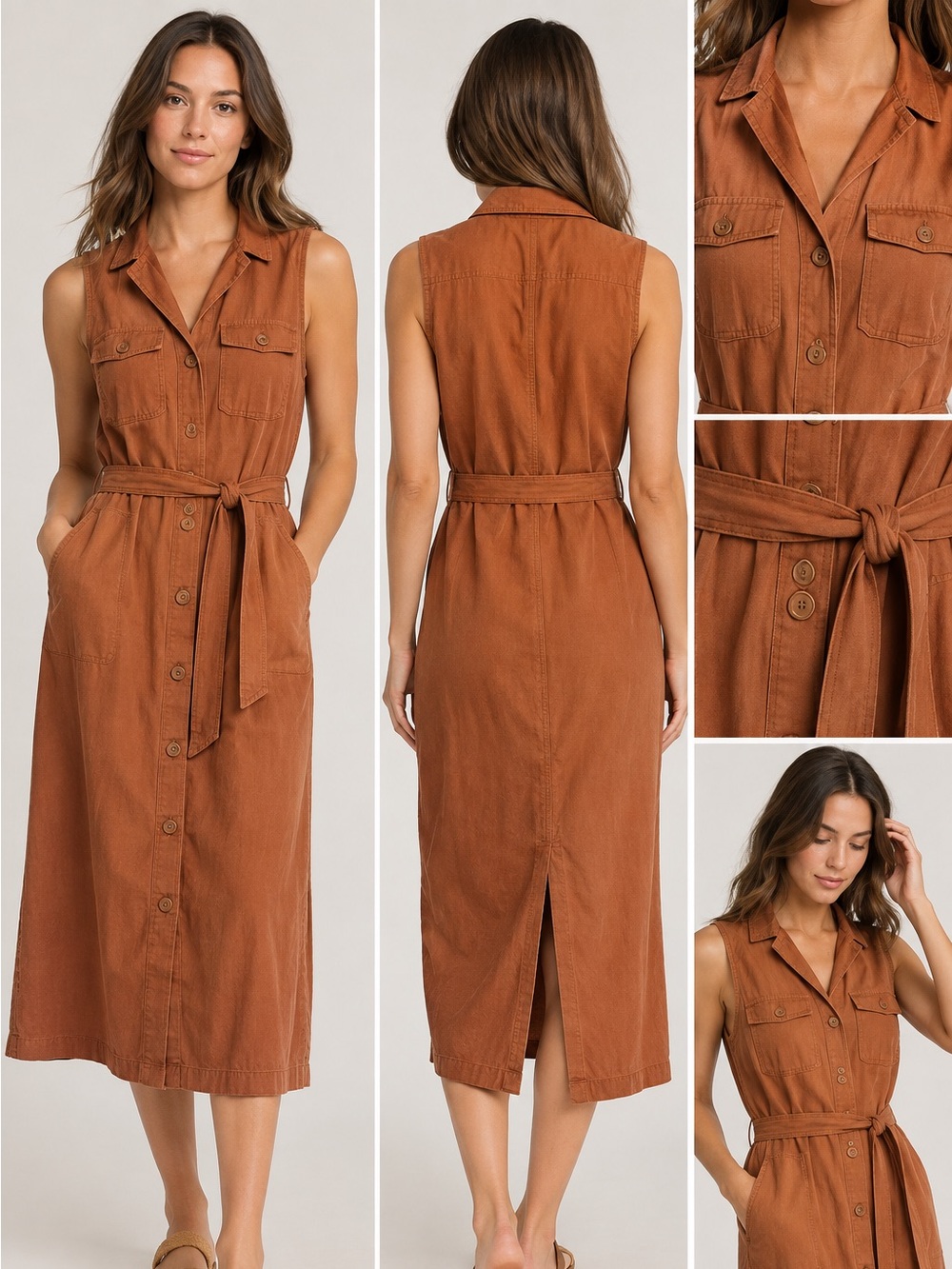 Who What Wear Sleeveless Button-Front Dress in Rust med. 100% cotton